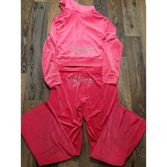 Juicy Couture Pants - Juicy Couture Pink Party Velour Tracksuit Set Hoodie Pants Rhinestone Logo L NEW